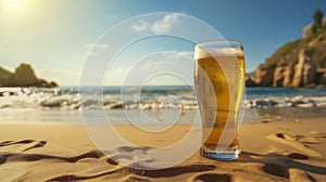 Misted glass of cold fresh beer stands on the sand near the edge of the sea. Beach holidays, vacations, summer, sun, gentle sea