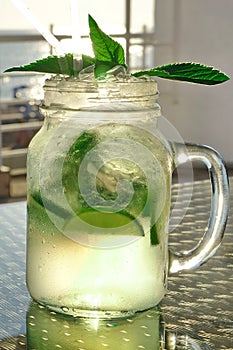 Misted Glass Mason Jar With Mojito Cocktail, Popular Summer Drink