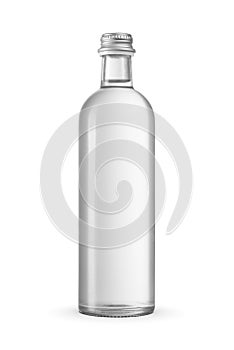 Misted transparent glass purified water bottle isolated. Closed with a screw metal cap