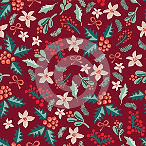 Misteltoes and christmas flowers on a dark red background. Great for the Christmas season - greeting cards, gift wrap, fabric.