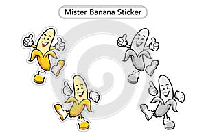 Mister Banana Sticker. Banana Mascot. Banana Fruit colorful Clip art. Black and white Mascot.