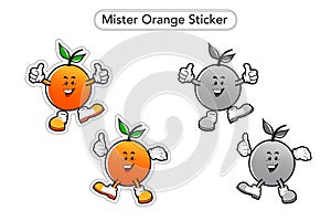 Mister Orange Sticker. Orange Mascot. Orange Fruit colorful Clip art. Black and white Mascot.
