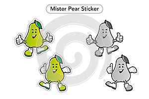 Mister Pear Sticker. Pear Mascot. Pear Fruit colorful Clip art. Black and white Mascot.