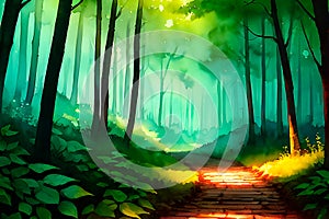 A misterious path through a forest in watercolor style.