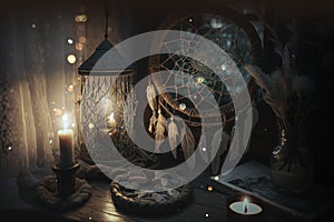 Mistery dreamcatcher, candle and moonlight, AI Generated background