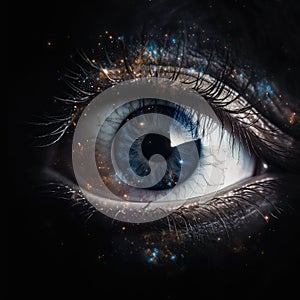 Mistique close up of big human eye on black background. Blue, dark colors. Long black lashes. Eye in deep darkness
