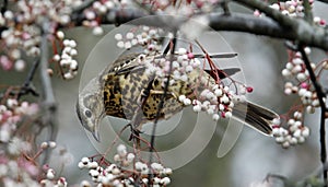 Mistle thrush eating winter berries