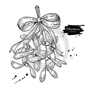 Mistletoe with bow and ribbon. Christmas decor plant. Hand drawn