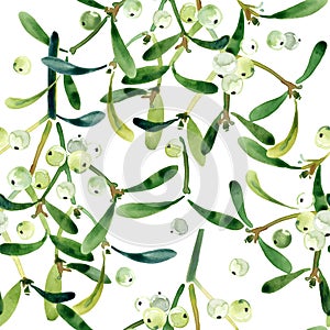 Mistletoe branch. seamless pattern with mistletoe branch. watercolor mistletoe.