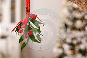 Mistletoe bunch with red bow hanging indoors, space for text. Traditional Christmas decor