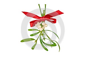 Mistletoe bunch tied with red satin bow isolated on white photo