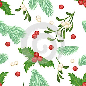 Mistletoe, holly berry and fir branches seamless pattern on a white background. Vector christmas illustration