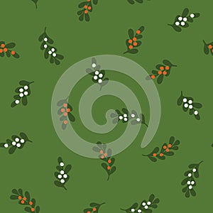 Mistletoe seamless vector pattern. Green branches and red berries winter holiday background repeat tile. Floral Christmas
