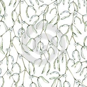 Mistletoe or Viscum branches with leaves and white berries. Christmas seamless pattern. Winter botanical Endless