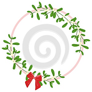 Mistletoe wreath with Red Bow isolated on white. Round vector Botanical Frame, Flat style illustration. Christmas Holiday