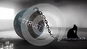 Mistrust - a metaphorical view of a woman struggle with mistrust. Trapped alone and chained to a burden of Mistrust. Con