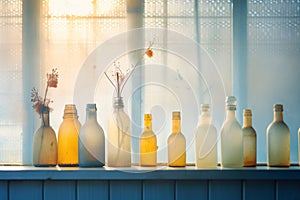 mists in frosted glass bottles under soft glow photo