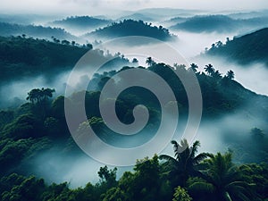 Misty aerial view of a fogcovered forest in lush highland