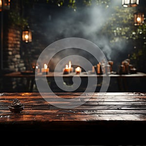 Misty ambiance envelops vacant wooden table, a stage for your products to shine