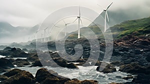 Misty Atmosphere: A Captivating View Of Wind Turbines On A Rocky Shore