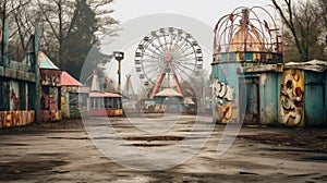 Misty Atmosphere: Exploring An Abandoned Theme Park With Ferris Wheels