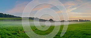 Misty autumn evening over countryside with maize field in background. Panorama view of rural landscape in foggy evening.