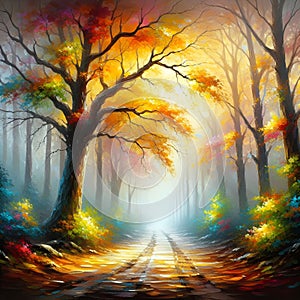 A misty autumn forest path, with dappled light and colorful leaves, acrylic painting art, nature view, flower