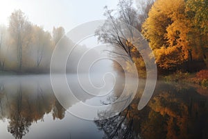 misty autumn morning, with mist rising from a lake and the reflection of the trees visible