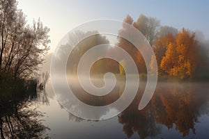 misty autumn morning, with mist rising from a lake and the reflection of the trees visible