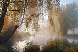 misty autumn morning, with mist rising from the lake and willow trees