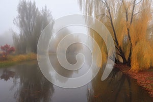 misty autumn morning, with mist rising from the lake and willow trees