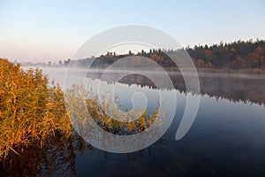 Misty autumn morning over calm river, yellow reeds in sunlight, forest in fog. Ukraine, peace