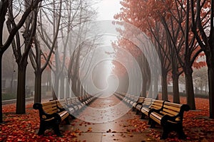 Misty autumn park. Alley in the park and benches. AI Generated