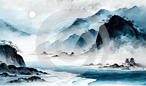 Misty Blue Coastal Landscape in Traditional Oriental Ink Painting Style for Wall Art.