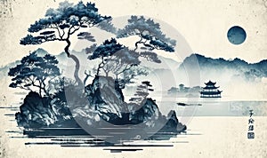 Misty Blue Coastal Landscape in Traditional Oriental Ink Painting Style for Wall Art.