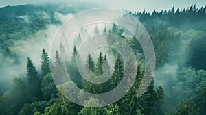Misty clouds float low over lush coniferous forest, aerial view