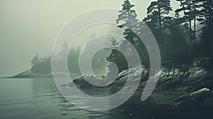 Misty Coastal Landscape: A Stylized Cabincore Scene With Calm Waters