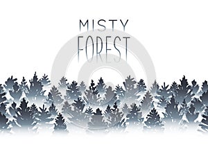 Misty coniferous forest sihouette on white