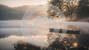 Misty Dawn: Fog Over Lake with Subtle Colors and Small Boat