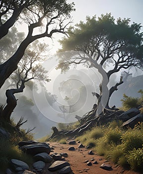 Twilight Wilderness: Misty Dawn on Rugged Terrain -Generative AI
