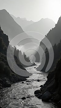 Misty dawn valley, black white, river flows through mountains , valley, mystical