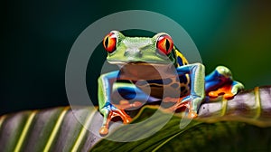 Misty Dawns Vibrant Leap: Red-Eyed Tree Frog in Tropical Rainforest