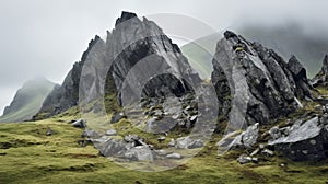 Misty Dystopian Rock Formation: A Photorealistic Cabincore Landscape