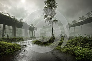 A misty and eerie landscape with a large, abandoned building in the background.