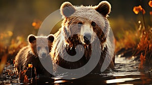 Misty Encounters: Mother Bear and Cubs Roaming Through the Wilderness photo