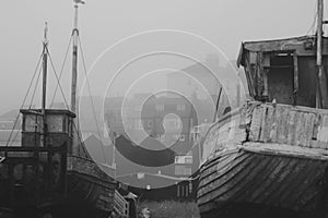 Fishing boats on beach at The Stade, Hastings, England