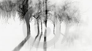 Misty forest with bare trees in black and white