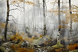 a misty forest with diverse trees and rocky terrain, creating a serene yet eerie atmosphere