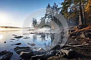 Misty Forest Lake at Sunrise with Reflections and Autumn Foliage