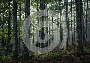 Misty Forest with Lush Green Undergrowth